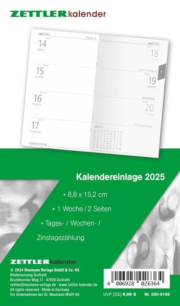 Kalender-Ersatzeinlage 2025 - für den Taschenplaner Typ 560 - 8,8x15,2 cm - 1 Woche auf 2 Seiten - separates Adressheft 