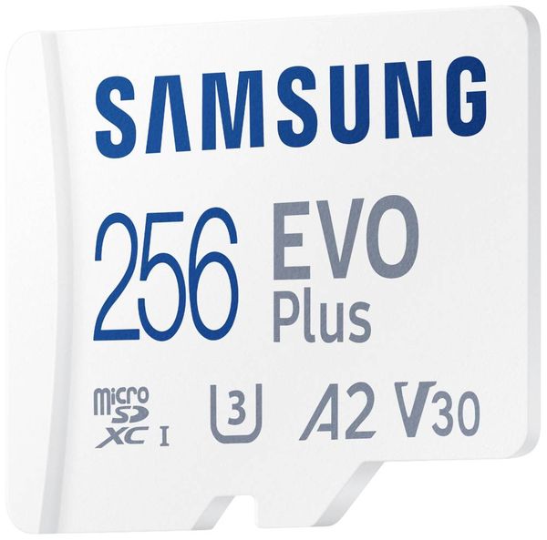 Produktbild: Samsung EVO Plus microSD-Karte Retail 256 GB UHS-I, v30 Video Speed Class, A2 Application Performance Class inkl. SD-Adapter
