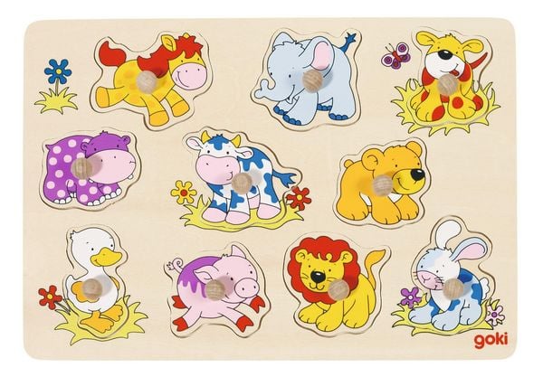 Produktbild: Goki 57838 - Steckpuzzle Tierkinder II, 10-teilig, Holz, 30x21cm