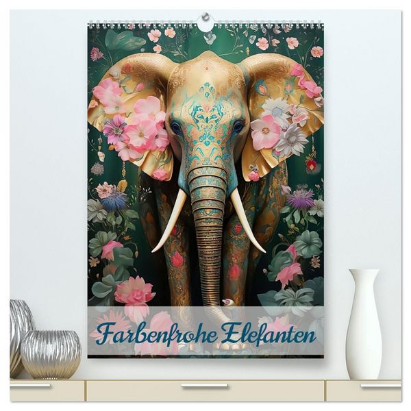 Produktbild: Farbenfrohe Elefanten (hochwertiger Premium Wandkalender 2026 DIN A2 hoch), Kunstdruck in Hochglanz