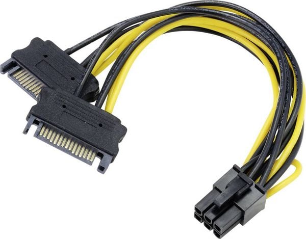 Produktbild: Akasa Strom Adapter [2x SATA-Strom-Stecker 15pol. - 1x PCIe-Stecker 6pol.] 0.15 m Schwarz, Gelb