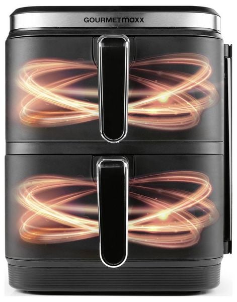 Produktbild: GourmetMaxx FryUp Vertical 15305 Hei&szlig;luft-Fritteuse 10 l 2800 W 2 getrennte Temperaturregler, Antihaftbeschichtung, digitaler Timer Schwarz