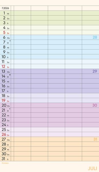 Produktbild: Superplaner Farbenfroh 2026 - 5 Spalten - Familienkalender 26x45 cm - Offset-Papier - mit Ferienterminen - Wandkalender - Wandplaner