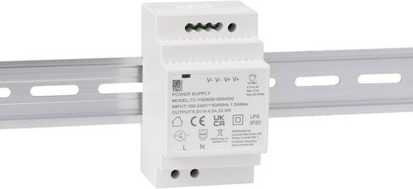 Produktbild: TRU COMPONENTS TC-13710876 Hutschienen-Netzteil (DIN-Rail) Verbrauch (StandBy) 0.3 W 5 V/DC 4.5 A 22.5 W Anzahl Ausg&auml;nge:1 x Inhalt 1 St.