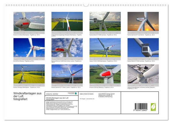 Produktbild: Windkraftanlagen aus der Luft fotografiert (hochwertiger Premium Wandkalender 2026 DIN A2 quer), Kunstdruck in Hochglanz