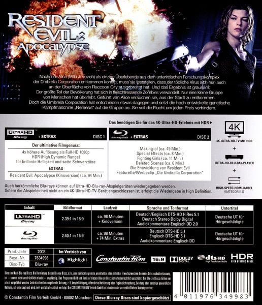 Produktbild: Resident Evil: Apocalypse (4K Ultra HD) (+ Blu-ray 2D)