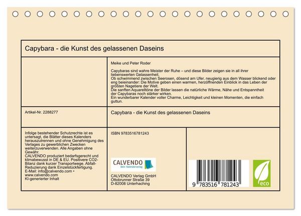 Produktbild: Capybara - die Kunst des gelassenen Daseins (Tischkalender 2027 DIN A5 quer), CALVENDO Monatskalender