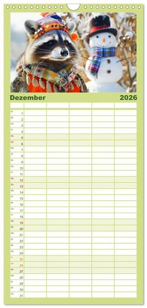 Produktbild: Familienplaner 2026 - Niedlicher Waschb&auml;ren-Style. Modisch, elegant und blumig mit 5 Spalten (Wandkalender, 21 x 45 cm) CALVENDO