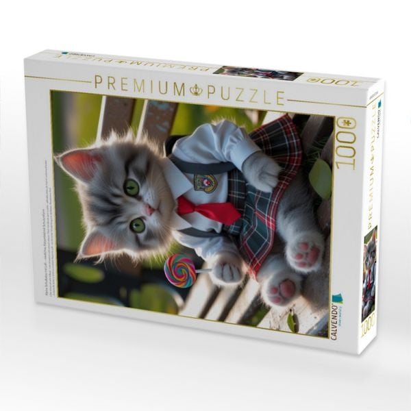 Produktbild: CALVENDO Puzzle Kleine Schulkatze mit Lolli - niedliches Katzenbild mit Schuluniform | 1000 Teile Lege-Gr&ouml;&szlig;e 64x48cm Foto-Puzzle f&uuml;r gl&uuml;ckliche Stunde