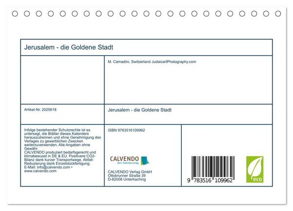 Produktbild: Jerusalem - die Goldene Stadt (Tischkalender 2026 DIN A5 quer), CALVENDO Monatskalender