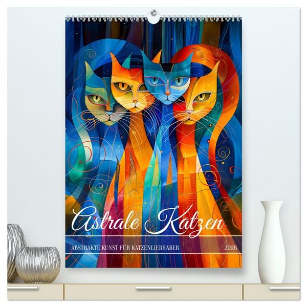 Produktbild: Astrale Katzen - Abstrakte Kunst f&uuml;r Katzenliebhaber (hochwertiger Premium Wandkalender 2026 DIN A2 hoch), Kunstdruck in Hochglanz