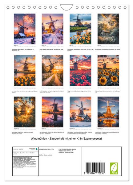 Produktbild: Windm&uuml;hlen - Zauberhaft mit einer KI in Szene gesetzt (Wandkalender 2026 DIN A4 hoch), CALVENDO Monatskalender