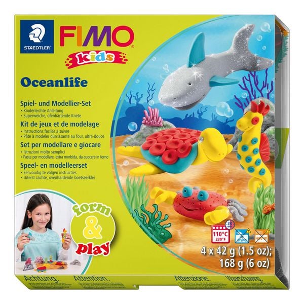 Produktbild: STAEDTLER FIMO kids 8034, ofenh&auml;rtende Modelliermasse, Set Oceanlife mit 4 Bl&ouml;cken 42 g, Modellierstab