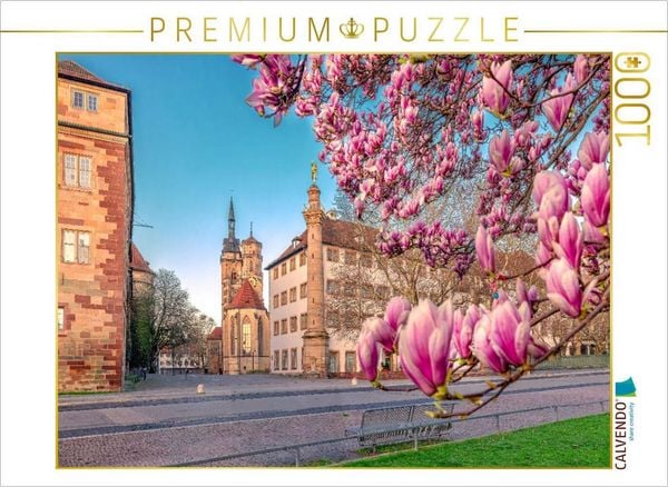 CALVENDO Puzzle Magnolienblüte in Stuttgart und die Stiftskirche | 1000 Teile Lege-Größe 64x48cm Foto-Puzzle für glückliche Stunden