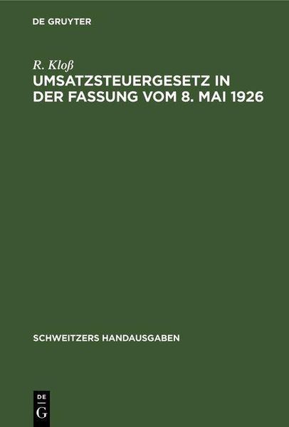 Produktbild: Umsatzsteuergesetz in der Fassung vom 8. Mai 1926