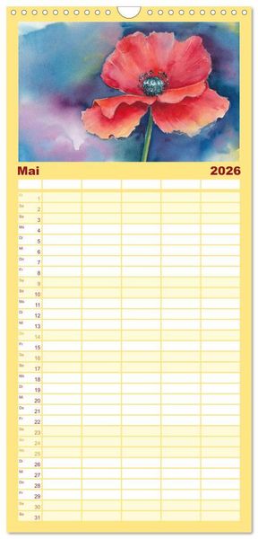 Produktbild: Familienplaner 2026 - Blumenaquarelle aus der N&auml;he mit 5 Spalten (Wandkalender, 21 x 45 cm) CALVENDO