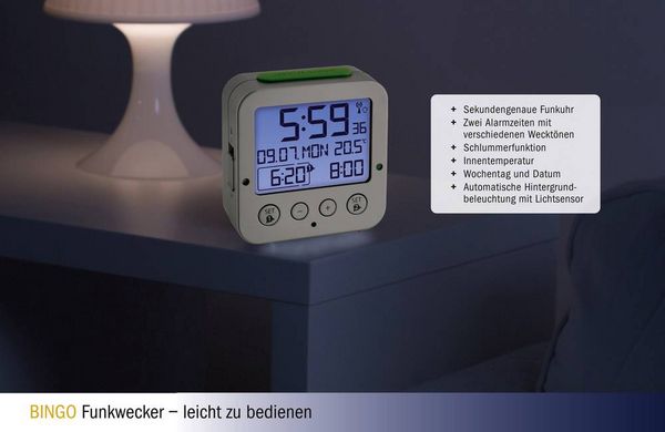 Produktbild: TFA Dostmann 60.2528.54 Funk Wecker Silber Alarmzeiten 2