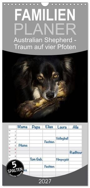Produktbild: Familienplaner 2027 - Australian Shepherd - Traum auf vier Pfoten mit 5 Spalten (Wandkalender, 21 x 45 cm) CALVENDO