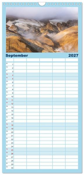 Produktbild: Familienplaner 2027 - Island - Gletscher, Wasserf&auml;lle, Hei&szlig;e Quellen mit 5 Spalten (Wandkalender, 21 x 45 cm) CALVENDO