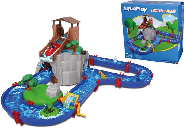 Produktbild: AquaPlay 1547 - Wasserbahn Adventure Land mit Berg, Turm und Stausee, Spieleset inkl. 2 Tierfiguren, Motorboot und Speedboot