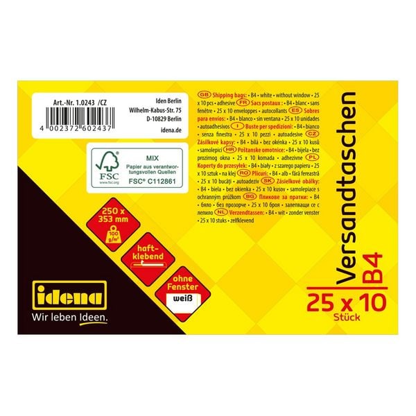 Produktbild: Idena Versandtaschen ohne Fenster haftklebend 100g/m&sup2; wei&szlig; DIN B4 10 St&uuml;ck