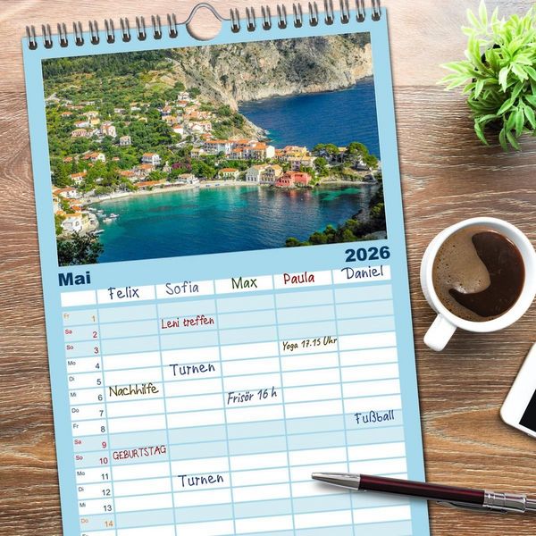 Produktbild: Familienplaner 2026 - Kefalonia, Inseltraum in Blau mit 5 Spalten (Wandkalender, 21 x 45 cm) CALVENDO