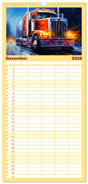 Produktbild: Familienplaner 2026 - Langhauber Paintings. Trucks in lebendigen Farben mit 5 Spalten (Wandkalender, 21 x 45 cm) CALVENDO