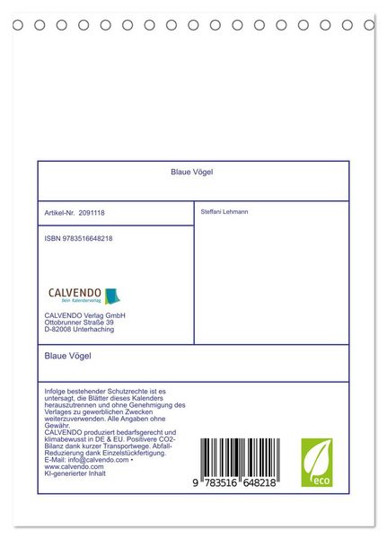 Produktbild: Blaue V&ouml;gel (Tischkalender 2026 DIN A5 hoch), CALVENDO Monatskalender