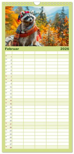 Produktbild: Familienplaner 2026 - Niedlicher Waschb&auml;ren-Style. Modisch, elegant und blumig mit 5 Spalten (Wandkalender, 21 x 45 cm) CALVENDO
