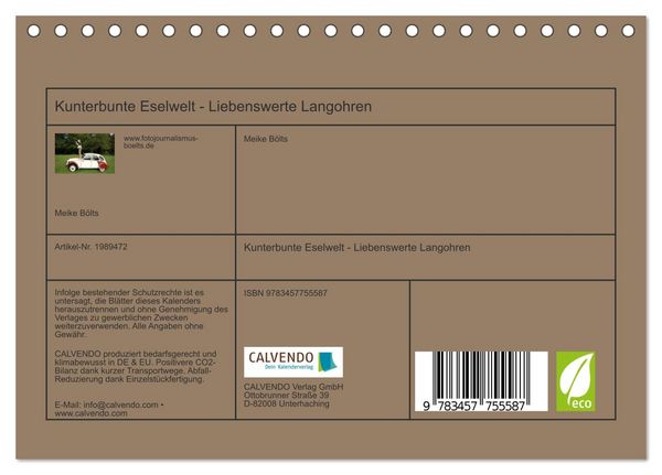 Produktbild: Kunterbunte Eselwelt - Liebenswerte Langohren (Tischkalender 2026 DIN A5 quer), CALVENDO Monatskalender
