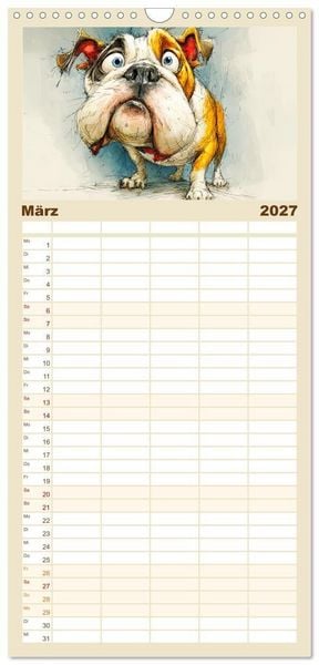 Produktbild: Familienplaner 2027 - Karikatur trifft Hund. Ein Blick auf charmante Vierbeiner mit 5 Spalten (Wandkalender, 21 x 45 cm) CALVENDO