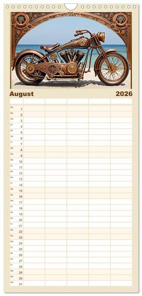 Produktbild: Familienplaner 2026 - Motorr&auml;der im Steampunk-Style mit 5 Spalten (Wandkalender, 21 x 45 cm) CALVENDO