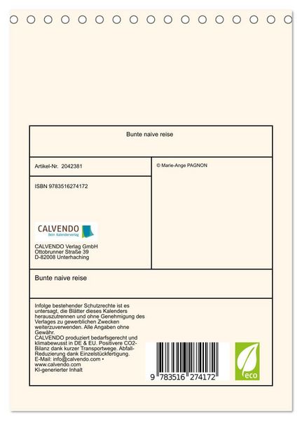 Produktbild: Bunte naive reise (Tischkalender 2026 DIN A5 hoch), CALVENDO Monatskalender