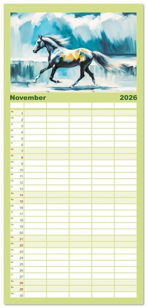 Produktbild: Familienplaner 2026 - Jahr des Pferdes - Der unbez&auml;hmbare Geist der Pferde mit 5 Spalten (Wandkalender, 21 x 45 cm) CALVENDO