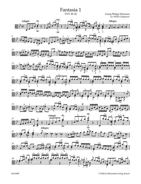 Produktbild: 12 Fantasien f&uuml;r Viola da gamba solo TWV 40: 26-37 (arrangiert f&uuml;r Viola solo)