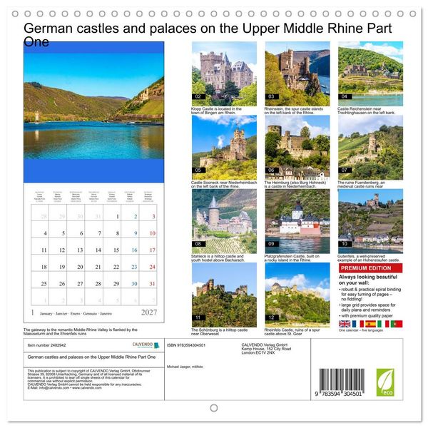Produktbild: German castles and palaces on the Upper Middle Rhine Part One (Wall Calendar 2027 12 &times; 12 Inch) CALVENDO 12 Month Wall Calendar