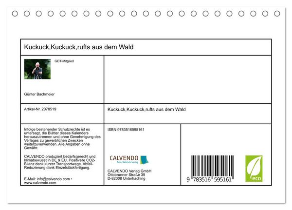 Produktbild: Kuckuck,Kuckuck,rufts aus dem Wald (Tischkalender 2026 DIN A5 quer), CALVENDO Monatskalender