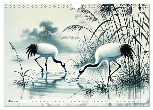 Produktbild: Eleganz der Kraniche - Majest&auml;tische V&ouml;gel in poetischer Tusche (Wandkalender 2026 DIN A4 quer), CALVENDO Monatskalender