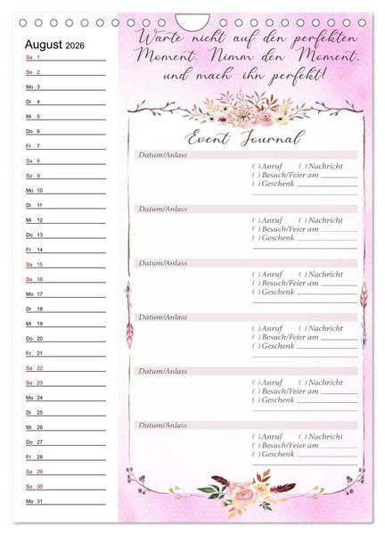 Produktbild: Geburtstagsplaner Boho Rosa - F&uuml;r Termine, Geschenke, Eventdetails & mehr (Wandkalender 2026 DIN A4 hoch), CALVENDO Monatskalender