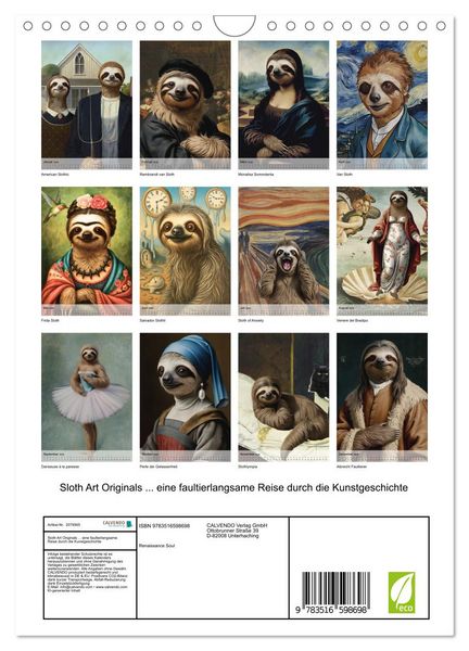 Produktbild: Sloth Art Originals ... eine faultierlangsame Reise durch die Kunstgeschichte (Wandkalender 2026 DIN A4 hoch), CALVENDO Monatskalender