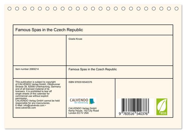 Produktbild: Famous Spas in the Czech Republic (Desk Calendar 2026 DIN A5 landscape), CALVENDO 12 Month DeskCalendar