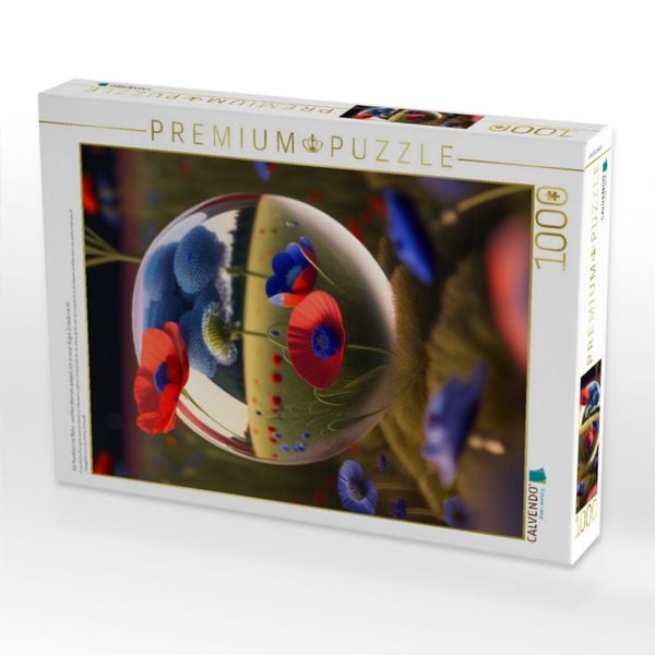 Produktbild: CALVENDO Puzzle Ein Kornfeld mit Mohn- und Kornblumen spiegelt sich in einer Kugel. Erstellt mit KI | 1000 Teile Lege-Gr&ouml;&szlig;e 64x48cm Foto-Puzzle f&uuml;r gl&uuml;ckliche Stunden