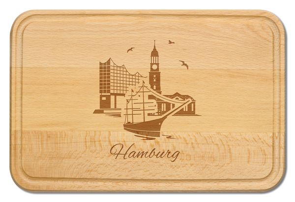 Produktbild: Buchenholz Schneidebrett 30x20cm, Motiv Hamburg