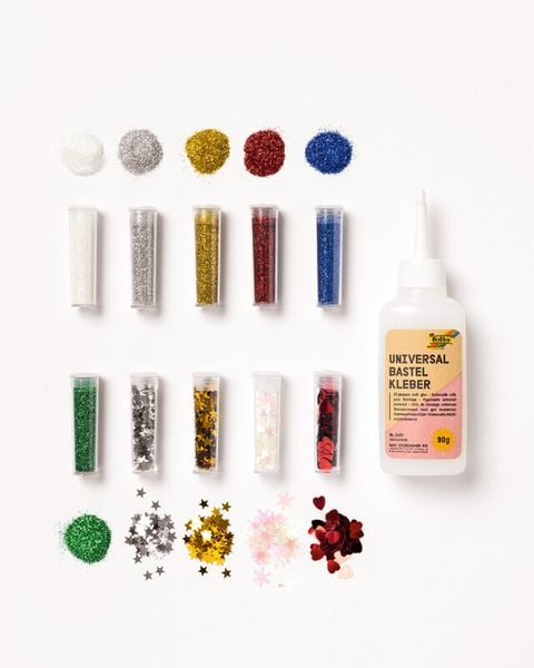 Produktbild: FOLIA&reg; Bio Glitter- und Pailletten-Set, 6 x Bio-Glitter, 4 x Pailletten mit Deko-Kleber 90 g, trocknet schnell und, glasklar, ohne Weichmacher