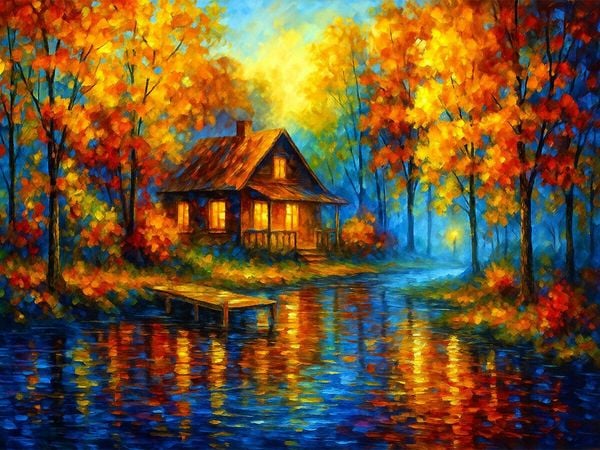 Produktbild: CALVENDO Puzzle Haus am Fluss im Herbst | 1000 Teile Lege-Gr&ouml;&szlig;e 64x48cm Foto-Puzzle f&uuml;r gl&uuml;ckliche Stunden
