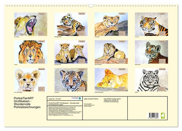 Produktbild: PortraiTierART Gro&szlig;katzen - Wundervolle Portraitzeichnungen (Wandkalender 2026 DIN A2 quer), CALVENDO Monatskalender