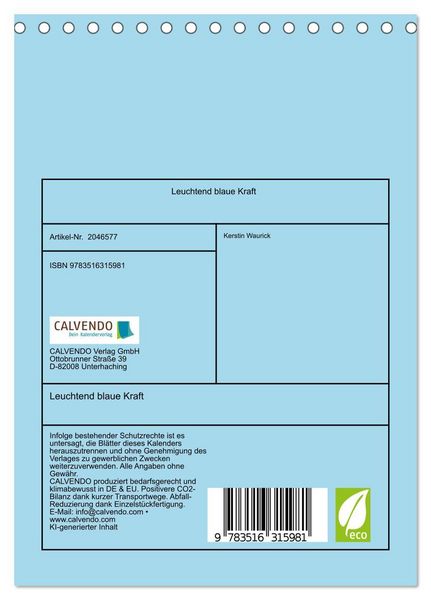 Produktbild: Leuchtend blaue Kraft (Tischkalender 2026 DIN A5 hoch), CALVENDO Monatskalender