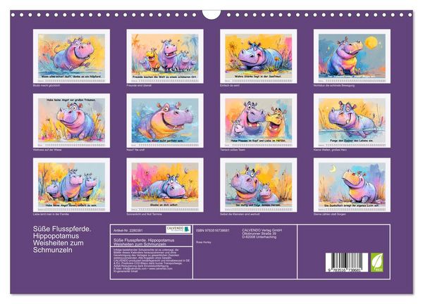 Produktbild: S&uuml;&szlig;e Flusspferde. Hippopotamus Weisheiten zum Schmunzeln (Wandkalender 2026 DIN A3 quer), CALVENDO Monatskalender