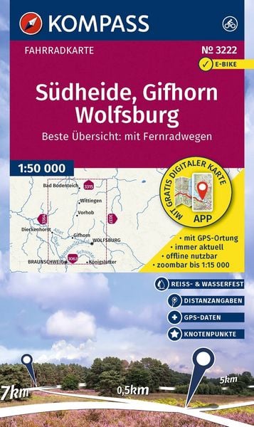 Produktbild: KOMPASS Fahrradkarte 3222 S&uuml;dheide, Gifhorn, Wolfsburg mit Knotenpunkten 1:50.000
