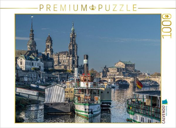 CALVENDO Puzzle Sächsische Dampfschifffahrt mit blick auf die Hofkirsche | 1000 Teile Lege-Größe 64x48cm Foto-Puzzle für glückliche Stunden